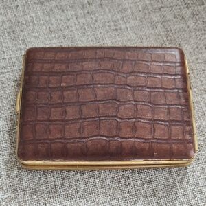 Brown Croc-Embossed Leather Vintage Cigarette Case with Gold Metal Trim